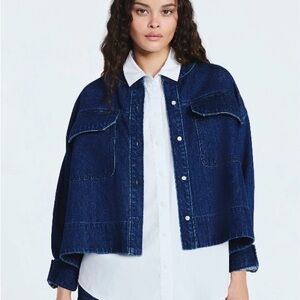 Denim Button-Front Boxy Jacket - Blue
